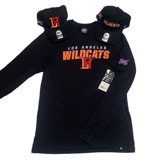 NWT XFL UFL Los Angeles Wildcats Bundle of Men’s Large Long Sleeve Shirt 2 Hats - Picture 2 of 16